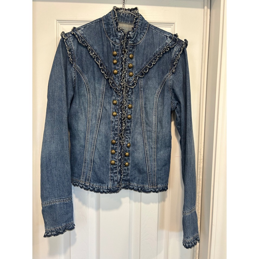 Star Jeans Womens Medium Wash Ruffle Military Denim Jacket Blue Small Cotton